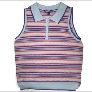 Freshman Pink and Blue Striped Sleeveless Polo Sweater Top Sz L